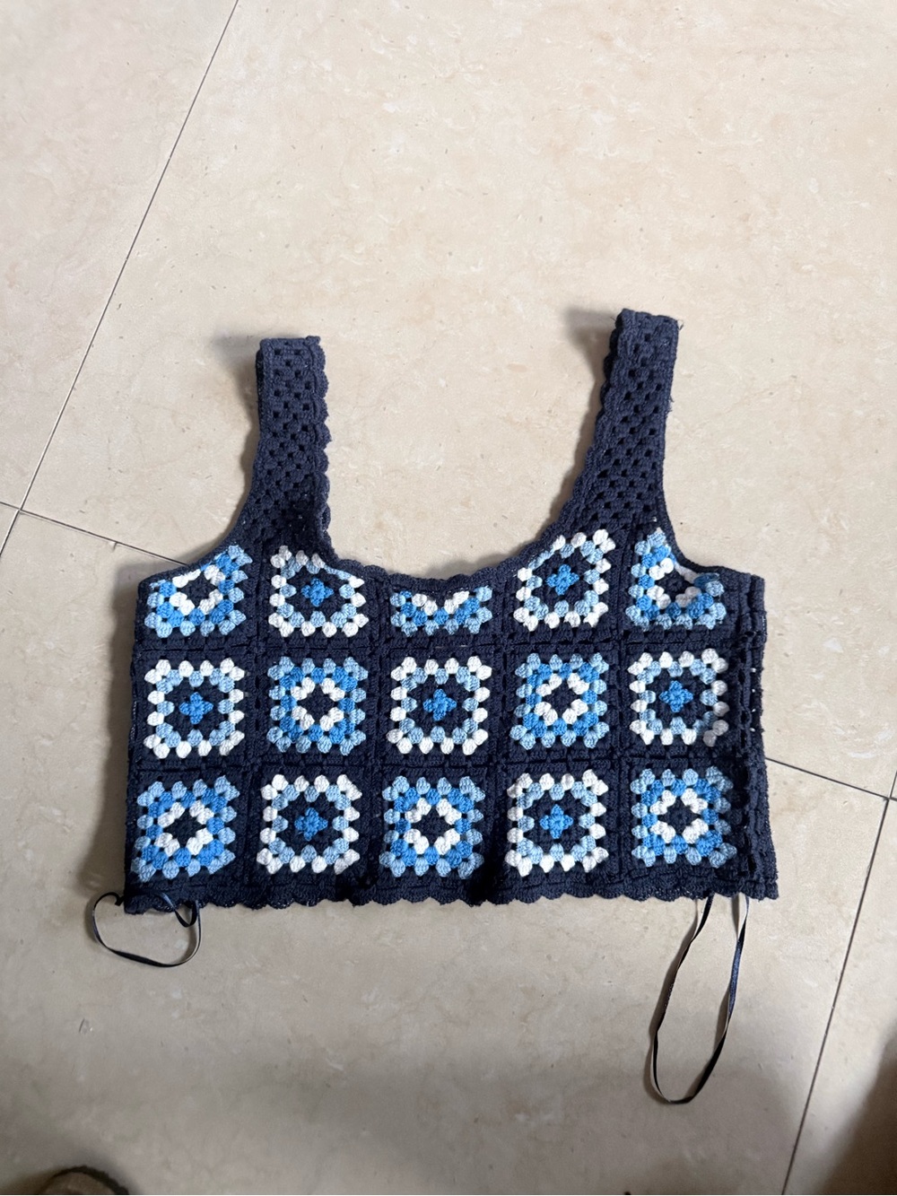 Sincerely Jules Navy Crochet Crop Tank with Blue and White Squares
